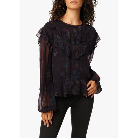 Joes Jeans Black Floral Talia Flowy Blouse, Large, NWT, Ruffles, Flared Hem - Picture 1 of 11